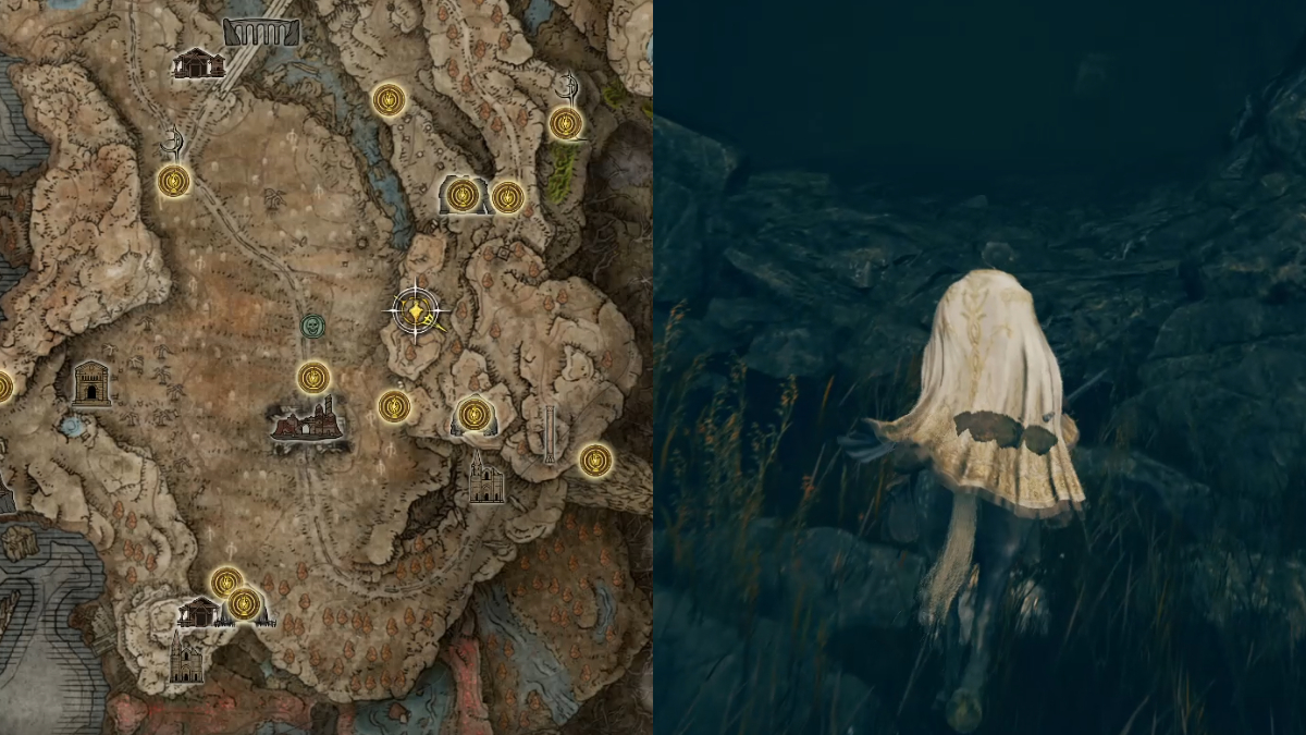 Image split between a map specifying the painting northeast of Scorched Ruins and an image of the cave where it can be found in Elden Ring