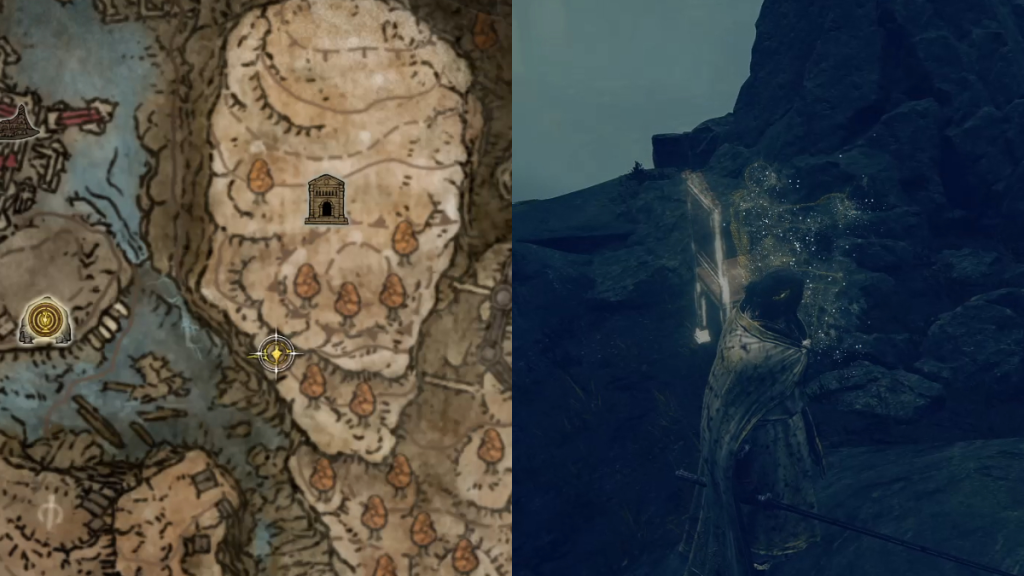 Image split between the actual location of the Spiraltree Seal on the map ad the actual location of it in-game in Elden Ring