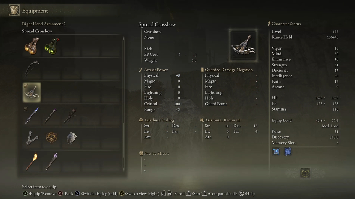 The Spread Crossbow's stats.