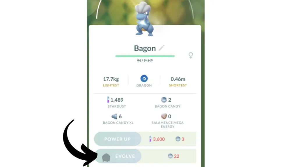 Image of the evolution screen of a purified Bagon, showing a silhouette of Shelgon