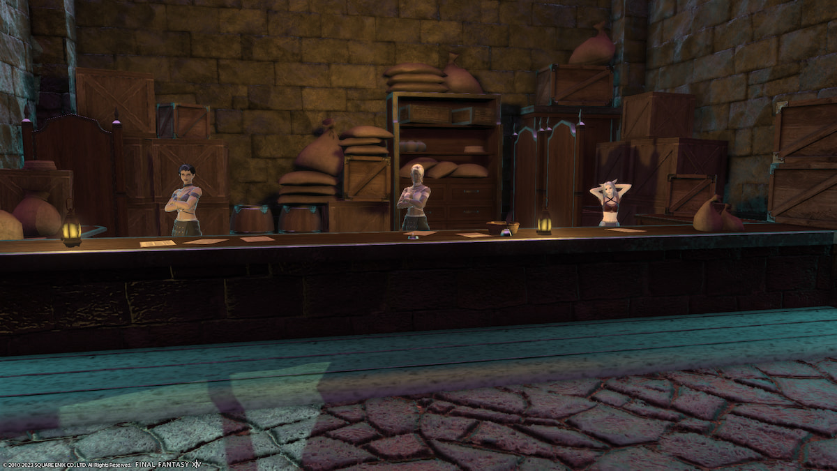 The counter of Auriana in Mor Dhona, where you can exchange Tomestones of Comedy and Tomestones of Allegory in FFXIV Dawntrail.