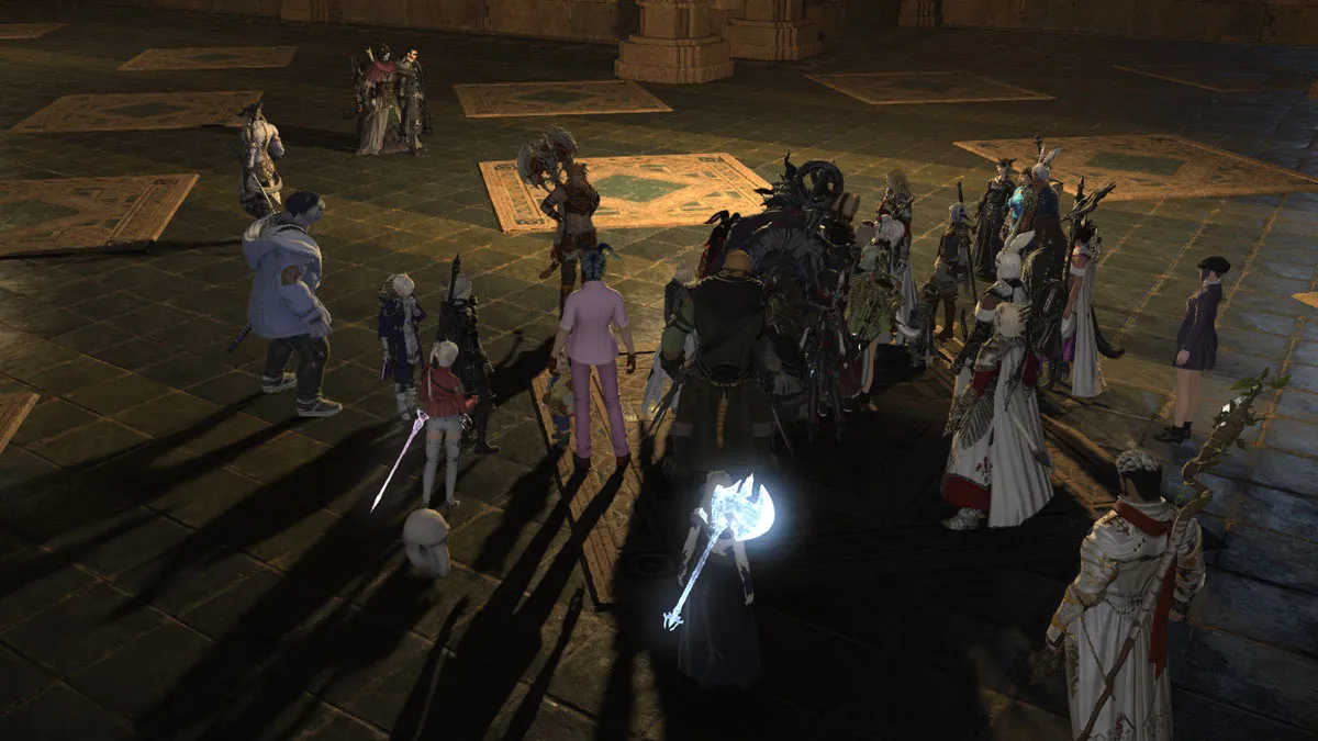 Image of the player character standing far away from the NPC, and mobs of other players surrounding them, making them impossible to see