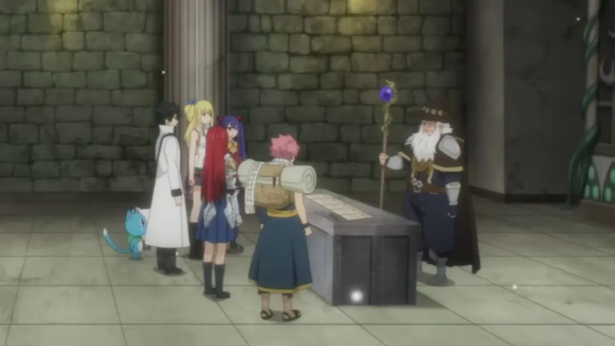 Image of the Fairy Tail guild prepping for a quest in Fairy Tail 100 Years Quest