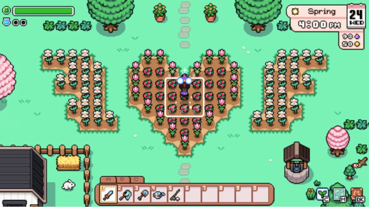 Screenshot from the game Fields of Mistria, showing a farmer casting magic to care for their crops