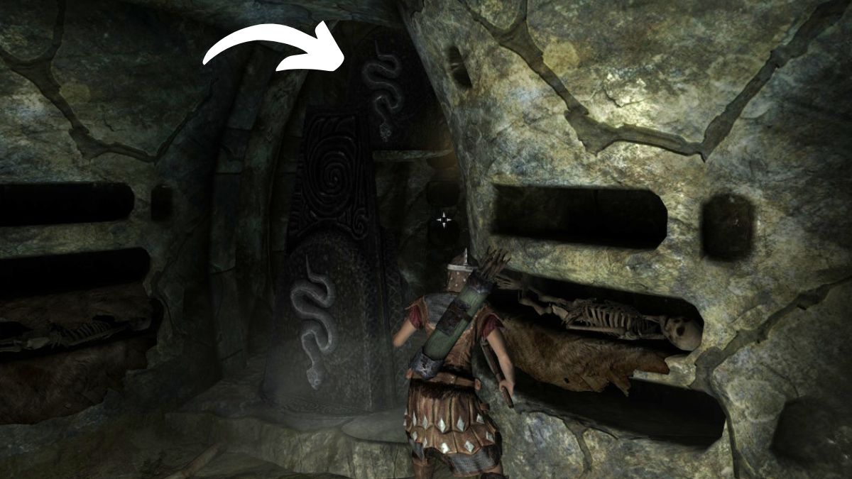 Screenshot of the first pillar puzzle in Saarthal, with an arrow pointing to the solution