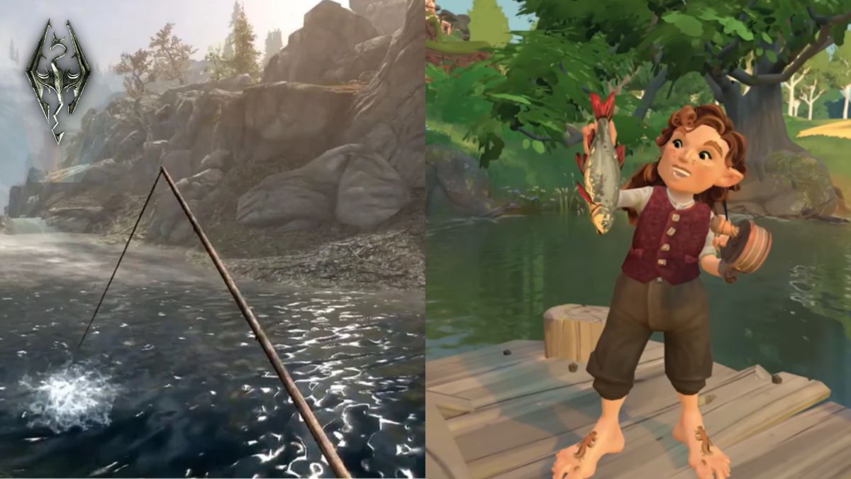 Fishing in Skyrim and Tales of the Shire, shown as a side-by-side comparison