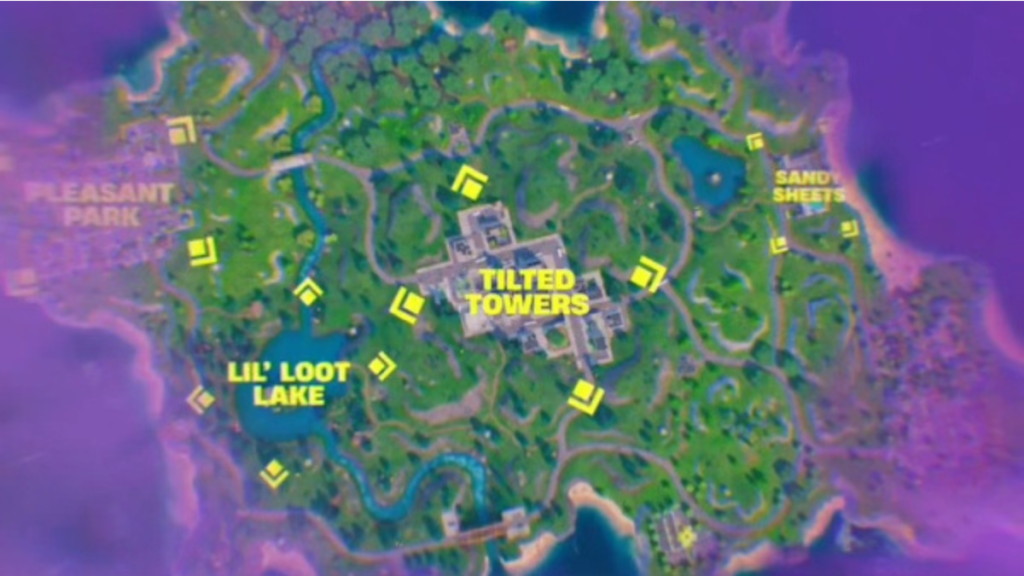 Fortnite screenshot of POIs on the reload map