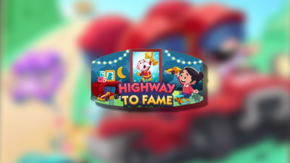The Monopoly GO Highway To Fame logo on a blurred Tycoon Racers background