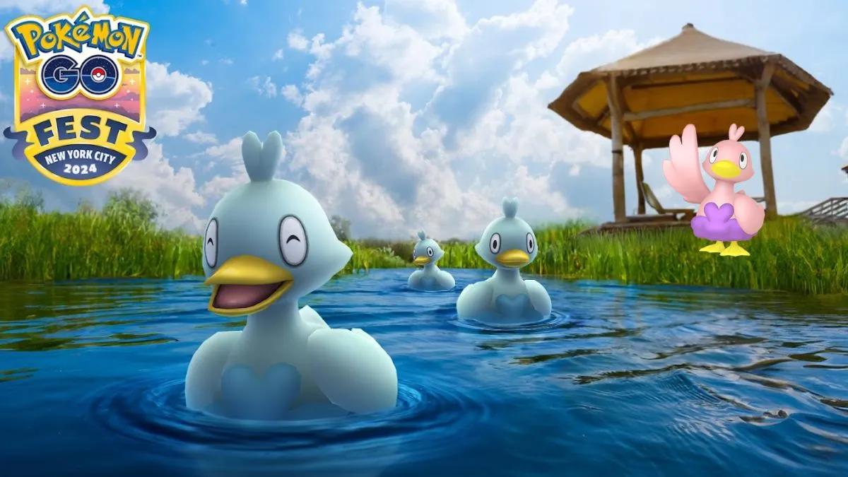 Several Ducklett swimming in a pond, with a Shiny Ducklett in the background