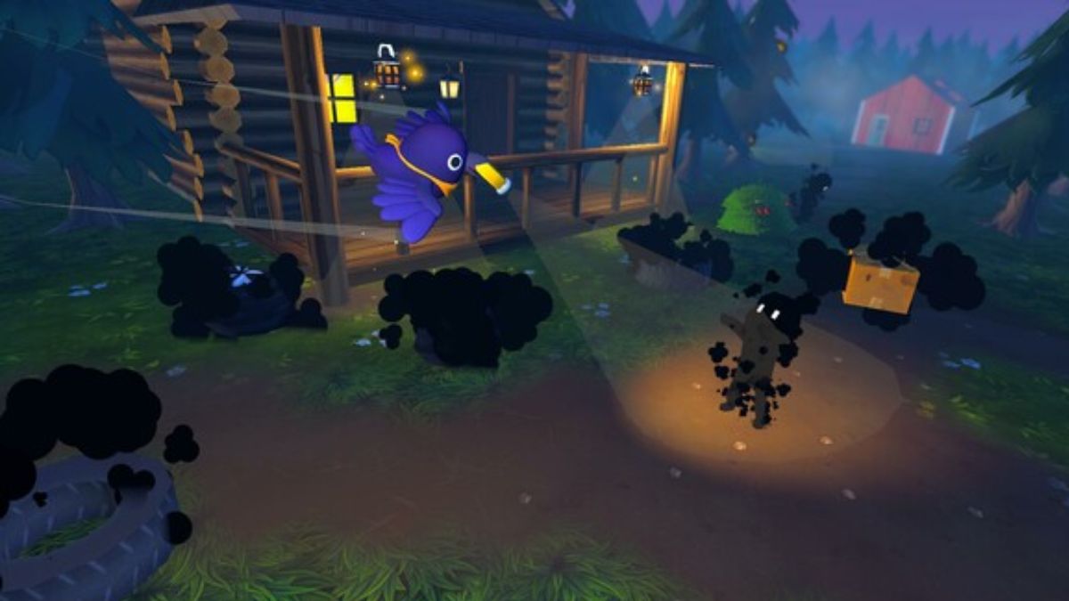 Gameplay screenshot from the game Just Crow Things, showing a crow holding a flashlight