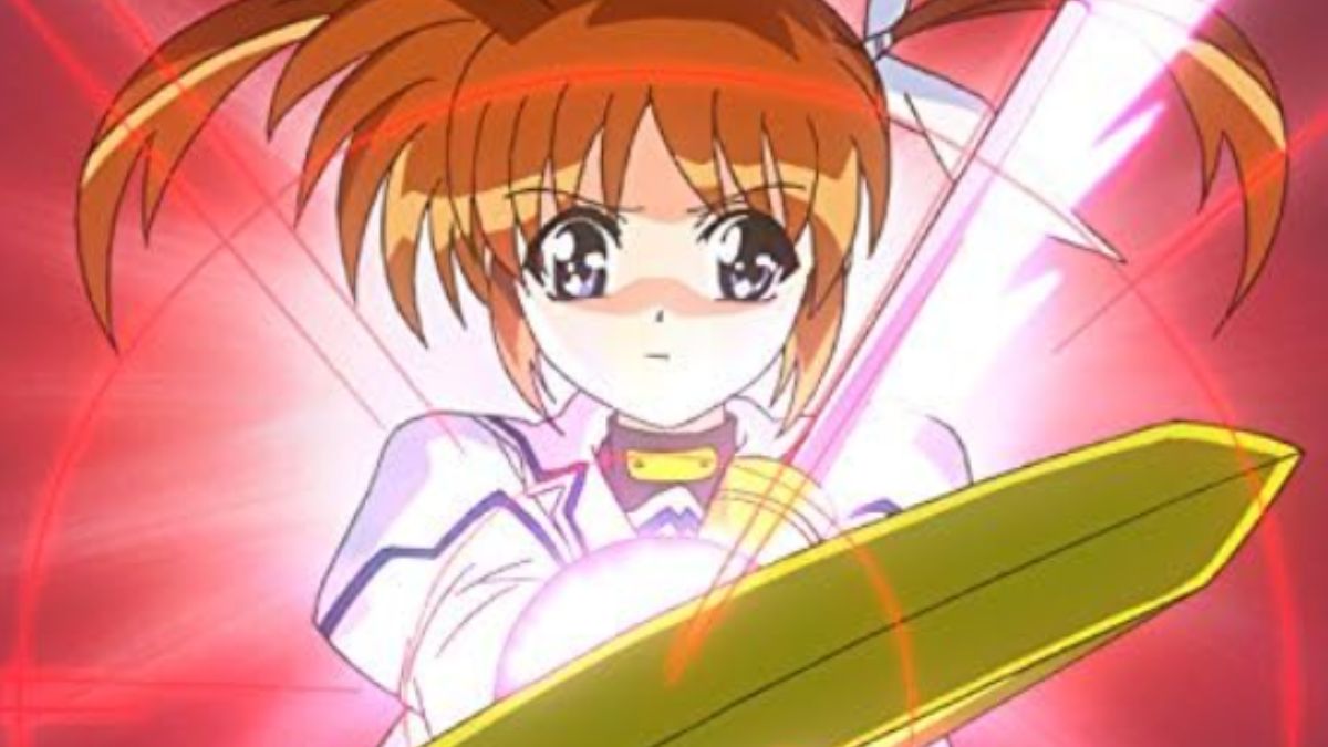 Screenshot from the anime Magical Girl Lyrical Nanoha, showing the main character using their magic wand