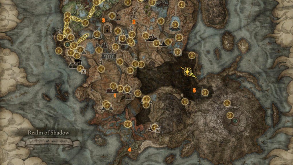 Map Fragment locations marked on map of Elden Ring Shadow of the Erdtree