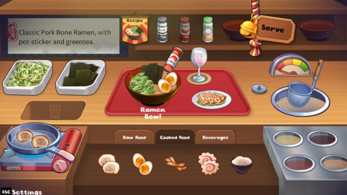 Screenshot of the ramen-making gameplay in Midnight Ramen