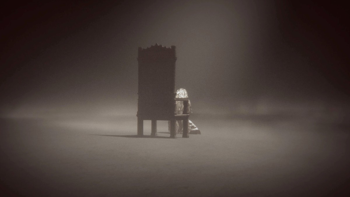 Image of Miquell sitting by himself at the foot of his chair in a grey expanse in Elden Ring