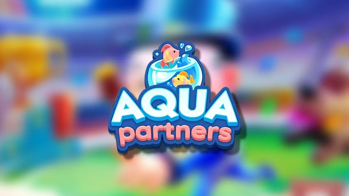 The Monopoly GO Aqua Partners logo on a blurred Monopoly GO Background