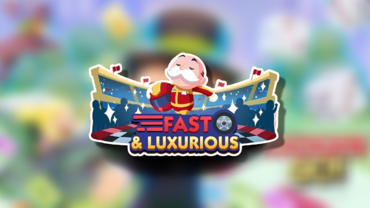 The Monopoly GO Fast & Luxurious logo on top of a blurred Monopoly GO background