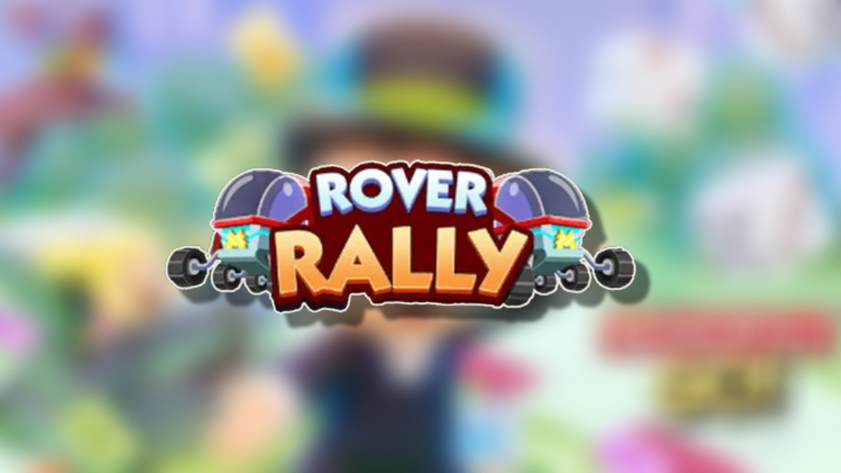 The Monopoly GO Rover Rally logo on top of a blurred Monopoly GO background