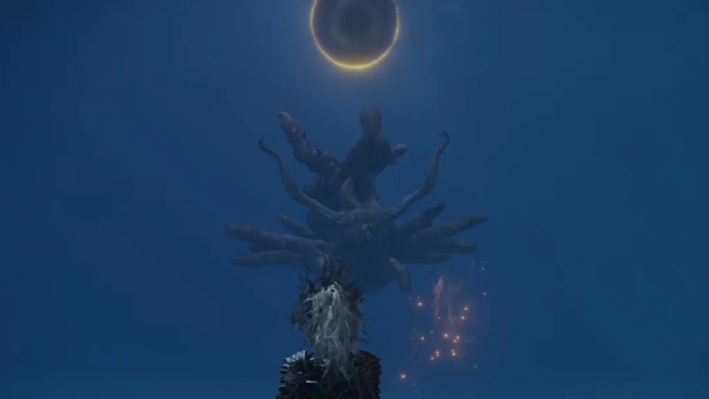 Mother of FIngers boss cutscene in Elden Ring, with Metyr descending from the black night
