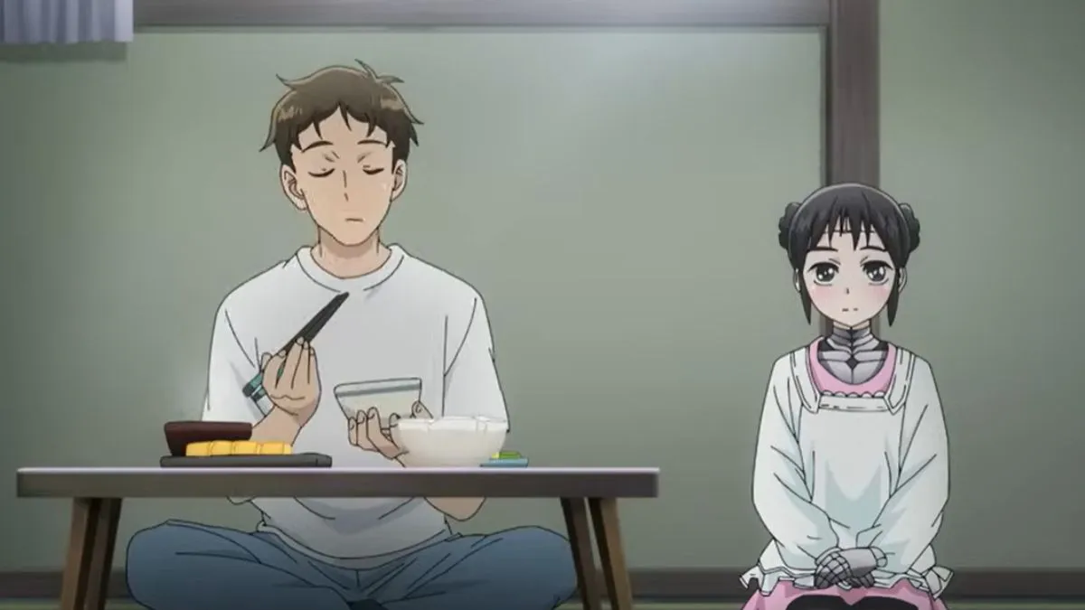 The two main characters from the anime My Wife Has No Emotion, sitting down for a meal