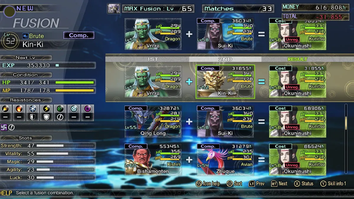The fusion screen in SMT V, showing different ways to get Okuninushi.