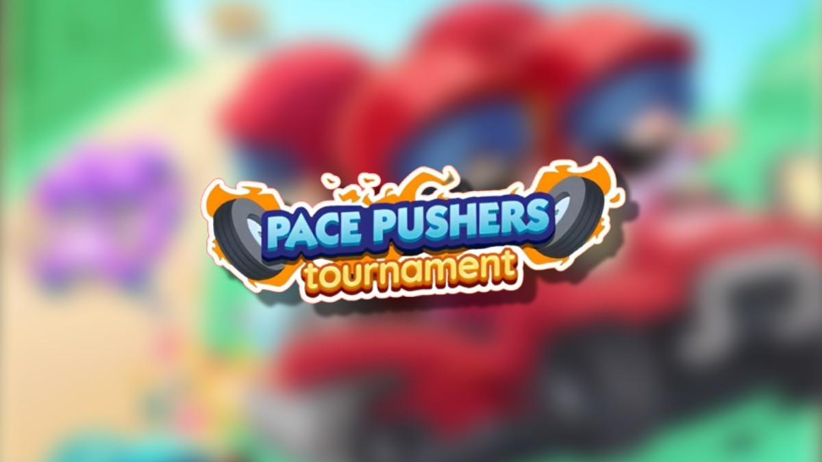 The Monopoly GO Pace Pushers logo on a blurred Monopoly GO Tycoon Racers background