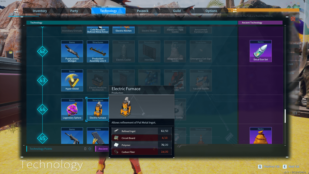 Image of the electric furnace in the technology menu in Palworld