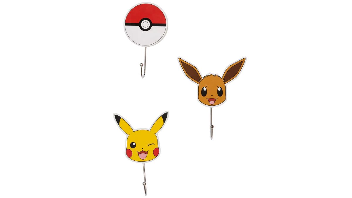 Pokemon Wall Hooks featuring Pikachu, Eevee, and a Poke Ball