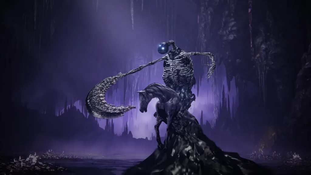 Putrescent Knight trailer screenshot in Elden Ring, with the Knight rearing up on his horse in muck, reminiscent of his second phase