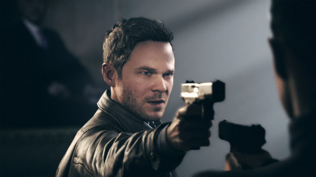 Jack Joyce pointing a gun in a Quantum Break cutscene