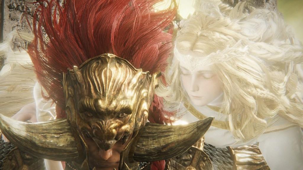 Image of Miquellla grasping Prime Radhan by the shoulders during a cutscene in Elden Ring