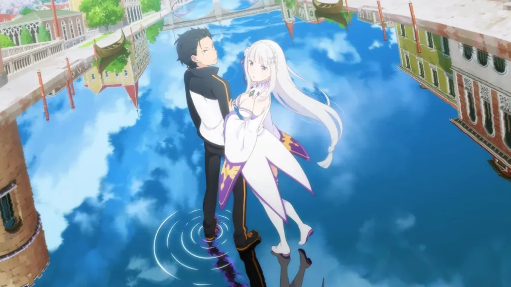 ReZero Season 3 keyart Subaru and Emilia standing on water