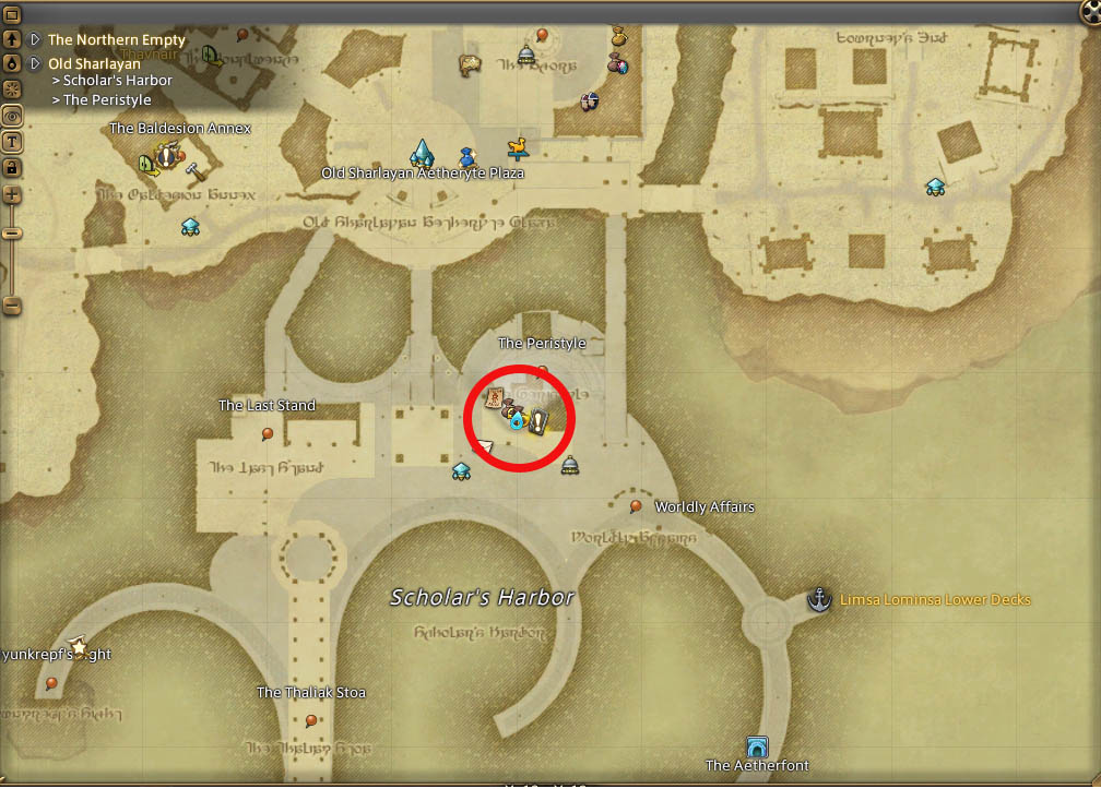 Image of the map location of a variant dungeon in Dawntrail where you can get Potsherds. More specifically, outside of Scholar's Harbor