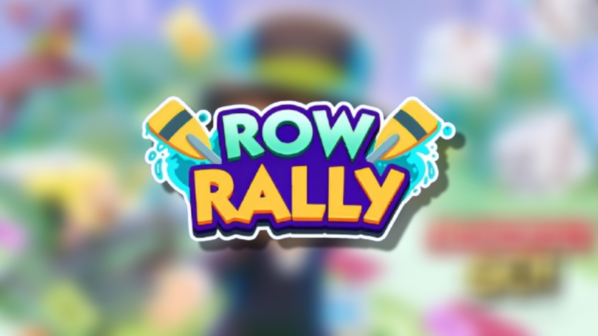 The Monopoly GO Row Rally logo on top of a blurred Monopoly GO background