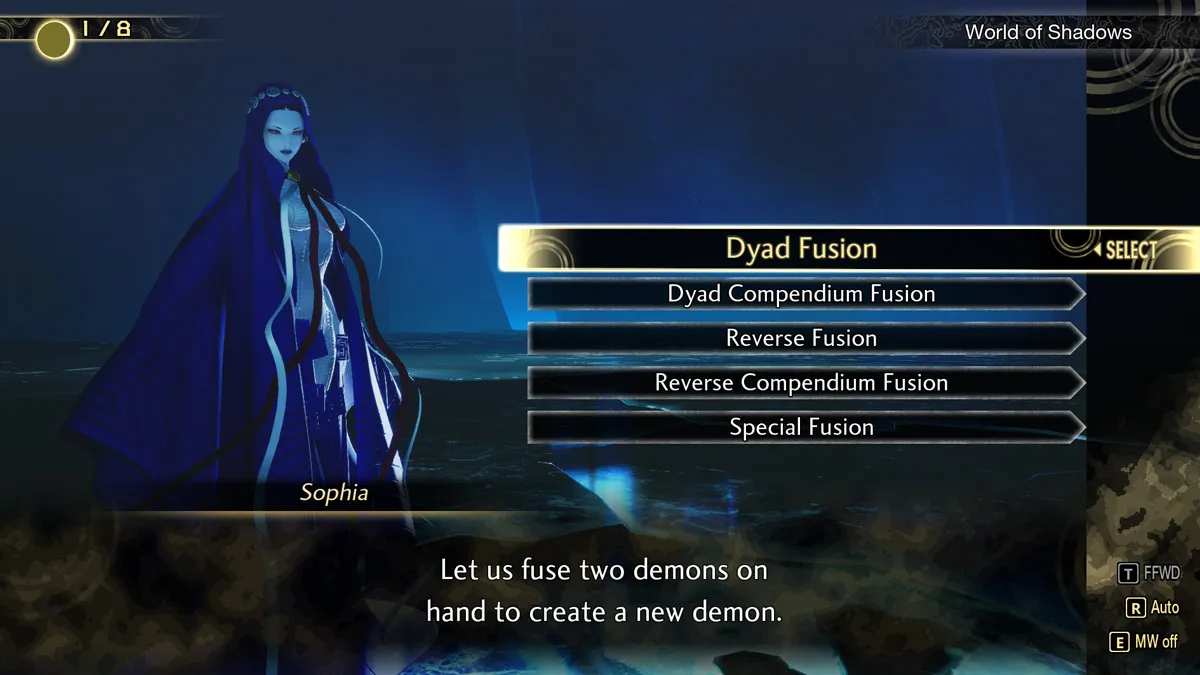 Image of the World of Shadows fusion menu in Shin Megami Tensei V