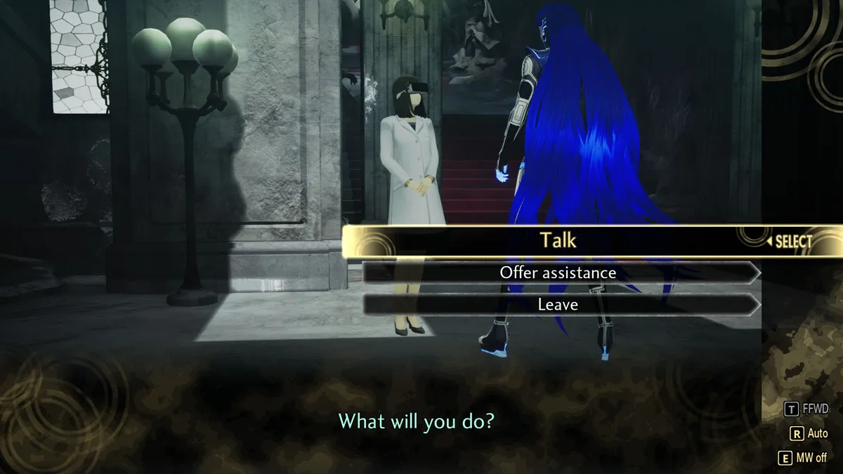 Image of player character speaking to the head researcher in Shin MegamI Tensei V