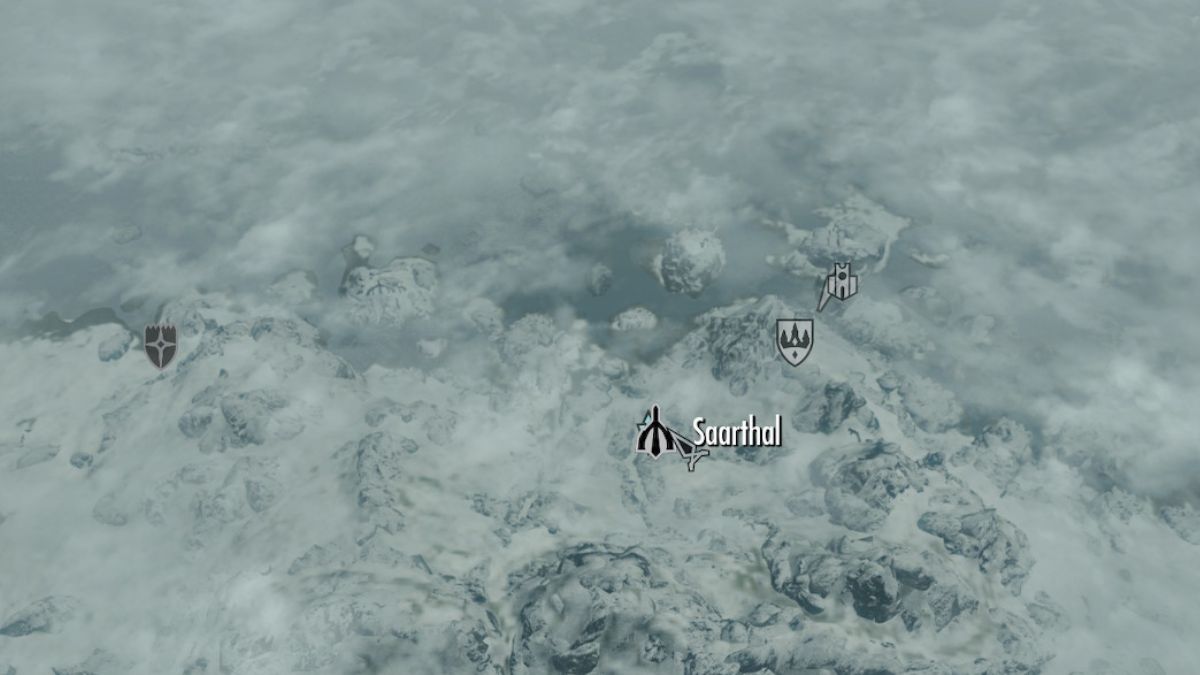 Screenshot of the Skyrim world map, with Saarthal enlarged