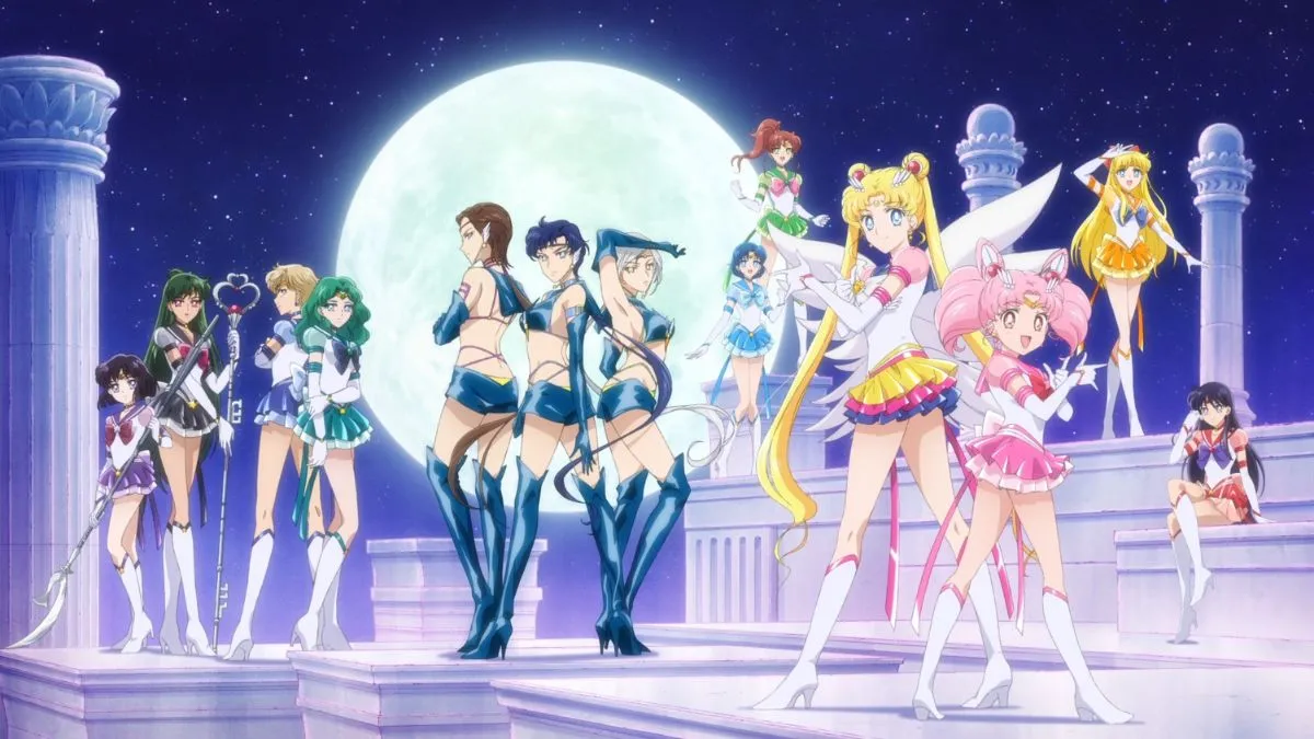 The cast of characters for the Sailor Moon Cosmos movie, posing in a pretty mystical moon background