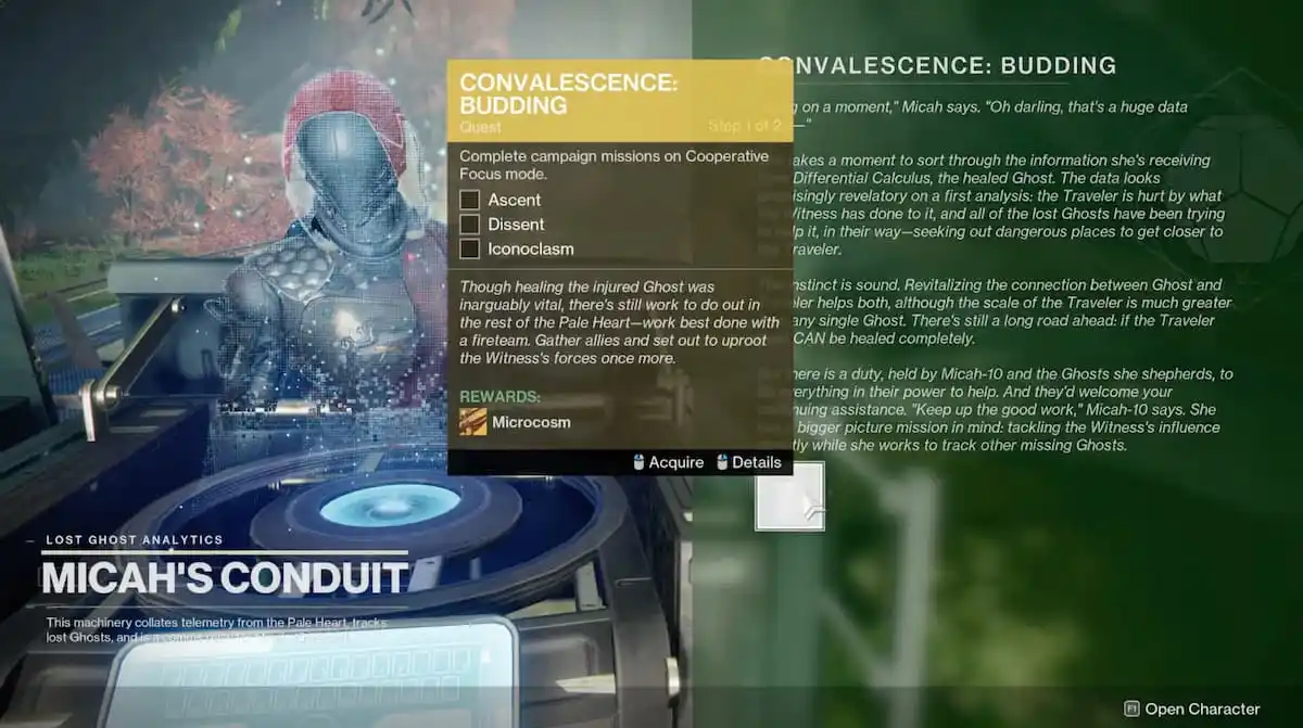 a screenshot of the convalescence budding quest in destiny 2
