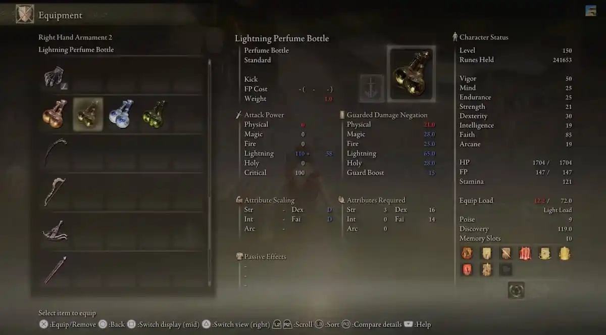 Image of the Lightning Perfume Bottle in Tarnished's inventory, along with its stats in Elden Ring