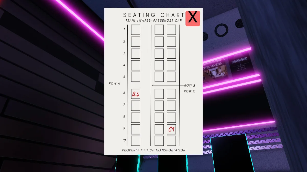 A seating chart in Roblox Terminal Escape.