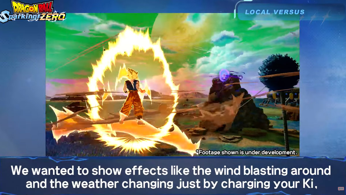 Image of Goku powering up his Ki while wind swirls around him during the Game Mode showcase