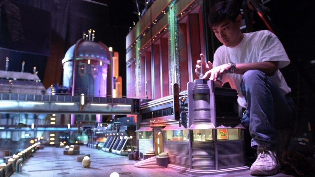 A behind-the-scenes photo of Star Wars: Attack of the Clones' Coruscant miniature set