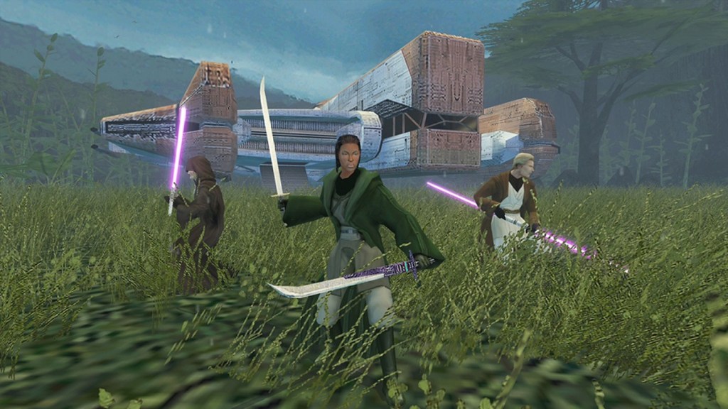 The player character using twin vibroblades in a promo still from Star Wars: Knights of the Old Republic II - The Sith Lords