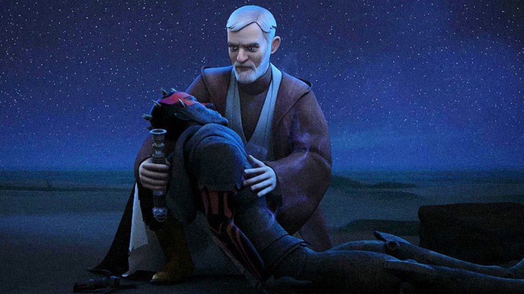 Obi-Wan Kenobi cradles Maul's dead body in Star Wars Rebels Season 3, Episode 20, "Twin Suns"