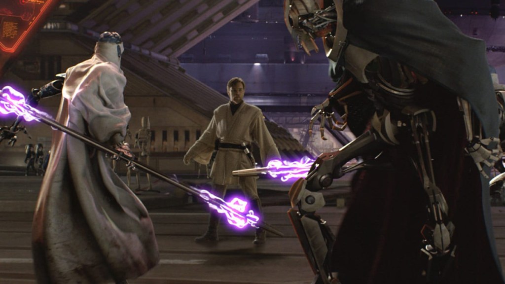 Obi-Wan Kenobi confronted by General Grievous and his MagnaGuards in Star Wars: Revenge of the Sith