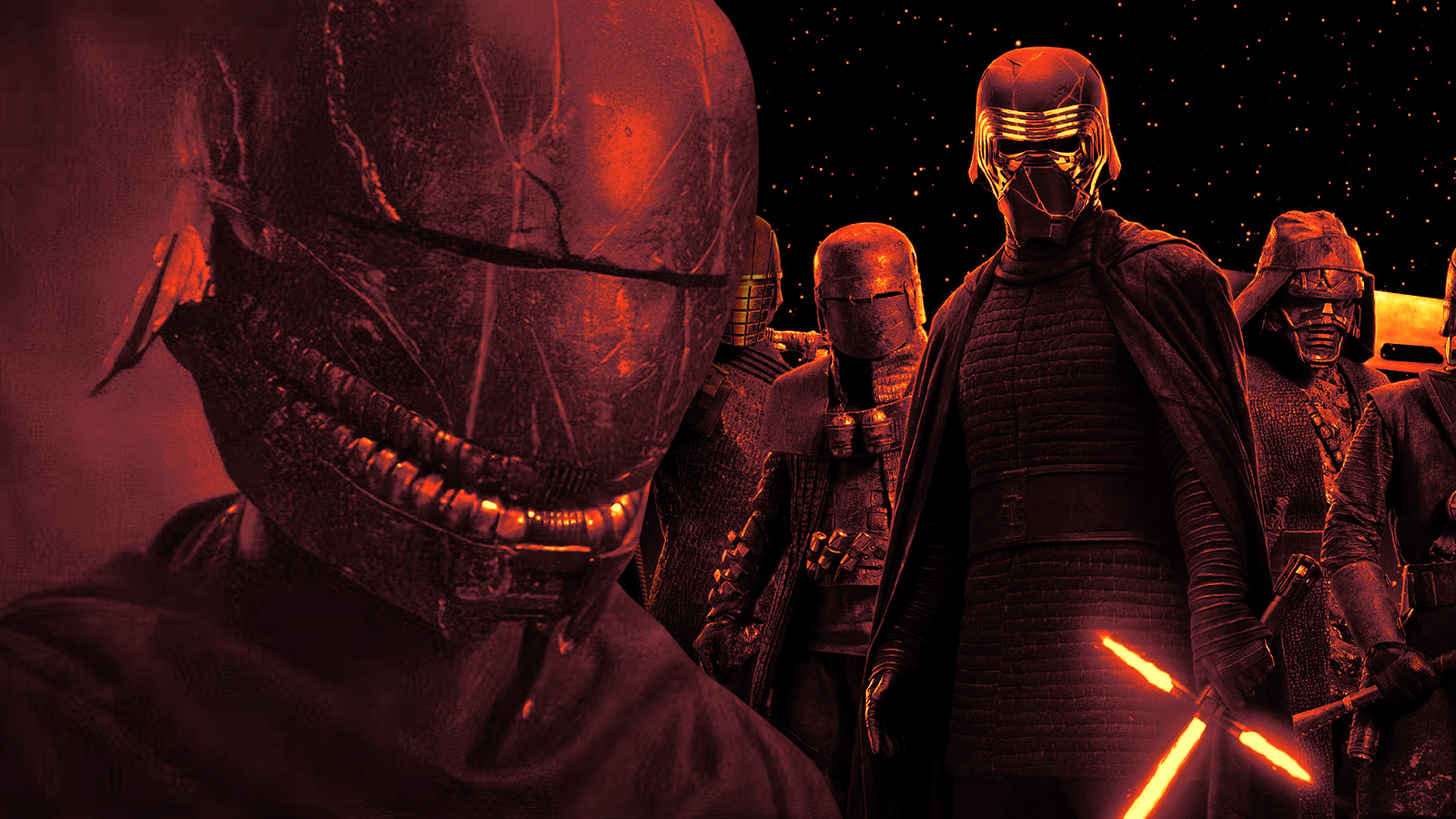 Combined images of The Acolyte's Sith Master and the Star Wars sequel trilogy's Knights of Ren