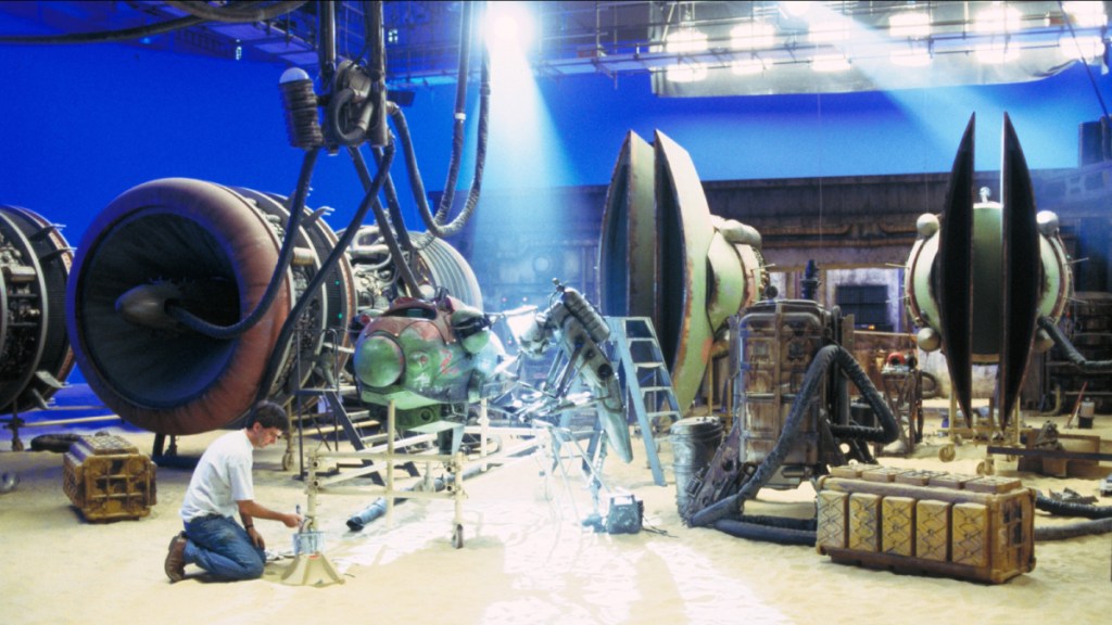 Practical podracer engines in a Star Wars: The Phantom Menace behind-the-scenes still