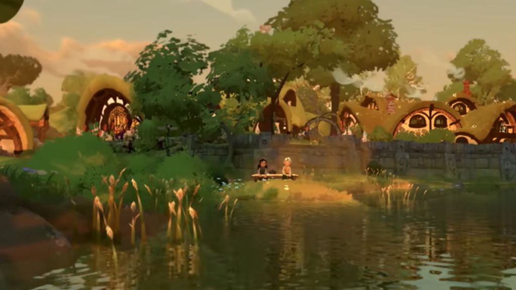 Image of the shire from Tales of the Shire, with two hobbits relaxing by the water