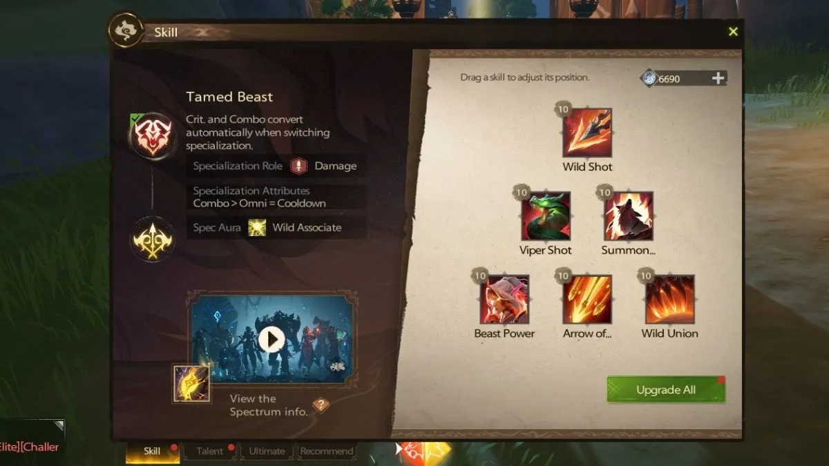 Screenshot of the Tamed Beast Ranger skill tree from Tarisland