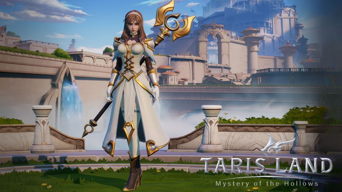 Image of the Priest character standing next to the Tarisland logo